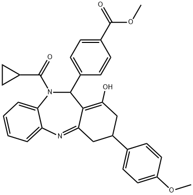 methyl 4-(10-(cyclopropanecarbonyl)-1-hydroxy-3-(4-methoxyphenyl)-3,4,10,11-tetrahydro-2H-dibenzo[b,e][1,4]diazepin-11-yl)benzoate Structure