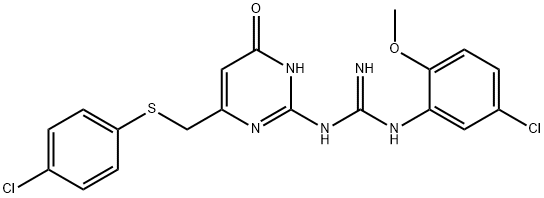 1-(5-chloro-2-methoxyphenyl)-3-(6-{[(4-chlorophenyl)sulfanyl]methyl}-4-oxo-1,4-dihydropyrimidin-2-yl)guanidine Struktur