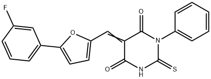 (5E)-5-{[5-(3-fluorophenyl)furan-2-yl]methylidene}-1-phenyl-2-thioxodihydropyrimidine-4,6(1H,5H)-dione Struktur