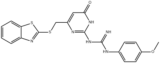 1-{6-[(1,3-benzothiazol-2-ylsulfanyl)methyl]-4-oxo-1,4-dihydropyrimidin-2-yl}-3-(4-methoxyphenyl)guanidine Struktur