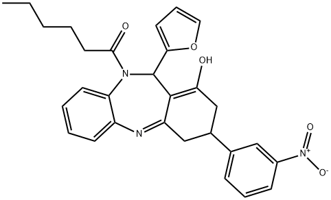 1-(11-(furan-2-yl)-1-hydroxy-3-(3-nitrophenyl)-3,4-dihydro-2H-dibenzo[b,e][1,4]diazepin-10(11H)-yl)hexan-1-one Struktur
