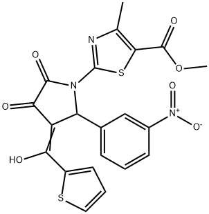 (E)-methyl 2-(3-(hydroxy(thiophen-2-yl)methylene)-2-(3-nitrophenyl)-4,5-dioxopyrrolidin-1-yl)-4-methylthiazole-5-carboxylate Structure