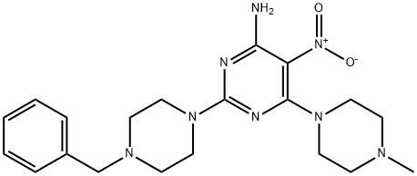 2-(4-benzyl-1-piperazinyl)-6-(4-methyl-1-piperazinyl)-5-nitro-4-pyrimidinylamine Struktur