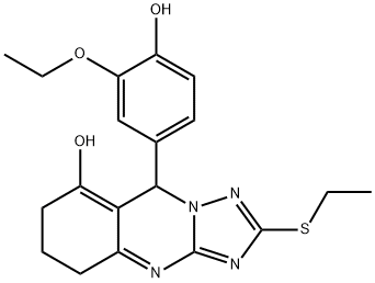 9-(3-ethoxy-4-hydroxyphenyl)-2-(ethylthio)-5,6,7,9-tetrahydro-[1,2,4]triazolo[5,1-b]quinazolin-8-ol Struktur
