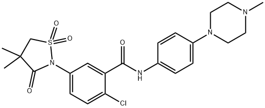 2-chloro-5-(4,4-dimethyl-1,1-dioxido-3-oxo-1,2-thiazolidin-2-yl)-N-[4-(4-methylpiperazin-1-yl)phenyl]benzamide Struktur
