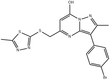 3-(4-bromophenyl)-2-methyl-5-(((5-methyl-1,3,4-thiadiazol-2-yl)thio)methyl)pyrazolo[1,5-a]pyrimidin-7-ol Struktur