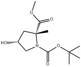 1-(叔-丁基) 2-甲基 (2R,4R)-4-羟基-2-甲基吡咯烷-1,2-二羧酸酯, 144527-32-2, 结构式