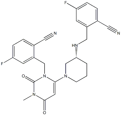 (R)-2-(((1-(3-(2-cyano-5-fluorobenzyl)-1-methyl-2,6-dioxo-1,2,3,6-tetrahydropyrimidin-4-yl)piperidin-3-yl)amino)methyl)-4-fluorobenzonitrile Struktur