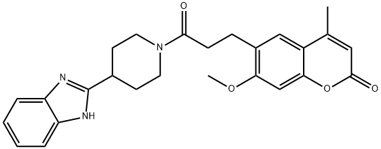 6-{3-[4-(1H-benzimidazol-2-yl)piperidin-1-yl]-3-oxopropyl}-7-methoxy-4-methyl-2H-chromen-2-one Struktur