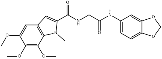 N-[2-(1,3-benzodioxol-5-ylamino)-2-oxoethyl]-5,6,7-trimethoxy-1-methyl-1H-indole-2-carboxamide Struktur