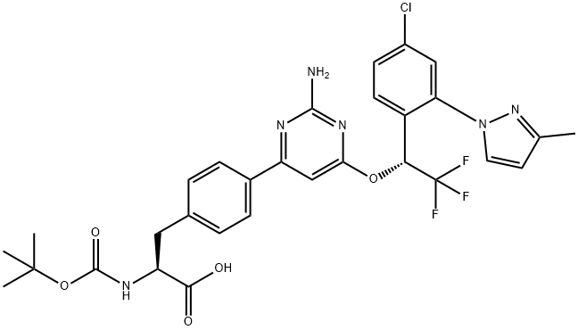 (S)-3-(4-(2-amino-6-((R)-1-(4-chloro-2-(3-methyl-1H-pyrazol-1-yl)phenyl)-2,2,2-trifluoroethoxy)pyrimidin-4-yl)phenyl)-2-(tert-butoxycarbonyl)propanoic acid Structure