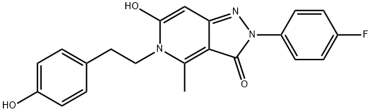 2-(4-fluorophenyl)-6-hydroxy-5-(4-hydroxyphenethyl)-4-methyl-2H-pyrazolo[4,3-c]pyridin-3(5H)-one Struktur