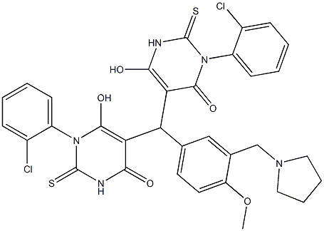 3-(2-chlorophenyl)-5-((1-(2-chlorophenyl)-6-hydroxy-4-oxo-2-thioxo-1,2,3,4-tetrahydropyrimidin-5-yl)(4-methoxy-3-(pyrrolidin-1-ylmethyl)phenyl)methyl)-6-hydroxy-2-thioxo-2,3-dihydropyrimidin-4(1H)-one Struktur
