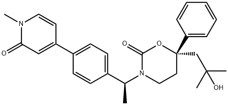 (S)-6-(2-hydroxy-2-methyl-propyl)-3-{(S)-1-[4-(1-methyl-2-oxo-1,2-dihydro-pyridin-4-yl)-phenyl]-ethyl}-6-phenyl-[1,3]oxazinan-2-one 化学構造式