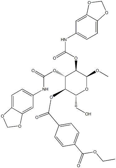 ethyl 4-(((2R,3R,4S,5R,6S)-4,5-bis(benzo[d][1,3]dioxol-5-ylcarbamoyloxy)-2-(hydroxymethyl)-6-methoxy-tetrahydro-2H-pyran-3-yloxy)carbonyl)benzoate Structure