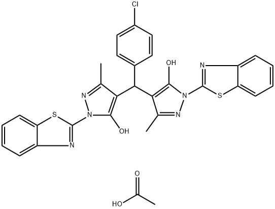 4,4'-((4-chlorophenyl)methylene)bis(1-(benzo[d]thiazol-2-yl)-3-methyl-1H-pyrazol-5-ol) diacetate Structure