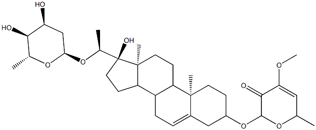 2H-Pyran-3(6H)-one,2-[[(3b,20S)-20-[(2,6-dideoxy-b-D-arabino-hexopyranosyl)oxy]-17-hydroxypregn-5-en-3-yl]oxy]-4-methoxy-6-methyl-
 Structure