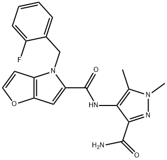 N-(3-carbamoyl-1,5-dimethyl-1H-pyrazol-4-yl)-4-(2-fluorobenzyl)-4H-furo[3,2-b]pyrrole-5-carboxamide Struktur