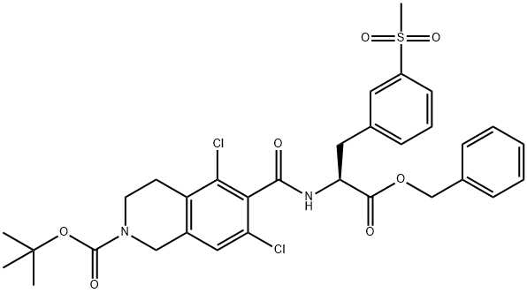 2(1H)-Isoquinolinecarboxylic acid, 5,7-dichloro-3,4-dihydro-6-[[[(1S)-1-[[3-(methylsulfonyl)phenyl]methyl]-2-oxo-2-(phenylmethoxy)ethyl]amino]carbonyl]-, 1,1-dimethylethyl ester 化学構造式