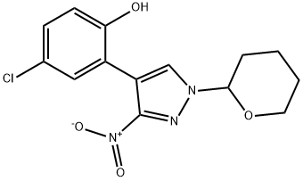 4-Chloro-2-[3-nitro-1-(tetrahydro-pyran-2-yl)-1H-pyrazol-4-yl]-phenol Struktur