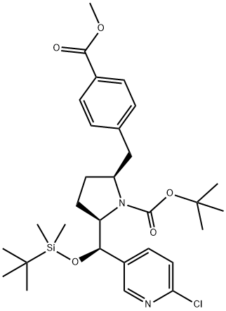 (2R,5S)-tert-butyl-2-((R)-((tert-butyldimethylsilyl)oxy)(6-chloropyridin-3-yl)methyl)-5-(4-(methoxycarbonyl)benzyl)pyrrolidine-1-carboxylate 结构式