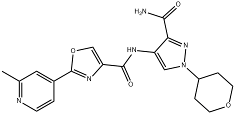 N-(3-carbamoyl-1-(tetrahydro-2H-pyran-4-yl)-1H-pyrazol-4-yl)-2-(2-methylpyridin-4-yl)oxazole-4-carboxamide Struktur