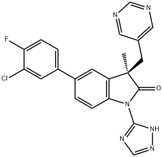 2H-Indol-2-one, 5-(3-chloro-4-fluorophenyl)-1,3-dihydro-3-methyl-3-(5-pyrimidinylmethyl)-1-(1H-1,2,4-triazol-5-yl)-, (3R)- Struktur
