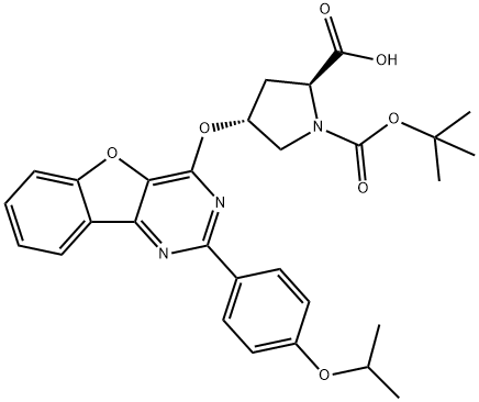 (2S,4R)-1-(tert-butoxycarbonyl)-4-((2-(4-isopropoxyphenyl)benzofuro[3,2-d]pyrimidin-4-yl)oxy)pyrrolidine-2-carboxylicacid Structure