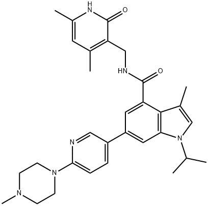 N-((4,6-dimethyl-2-oxo-1,2-dihydropyridin-3-yl)methyl)-1-isopropyl-3-methyl-6-(6-(4-methylpiperazin-1-yl)pyridin-3-yl)-1H-indole-4-carboxamide Struktur