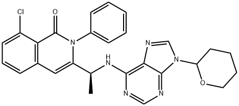 8-chloro-2-phenyl-3-(1-(9-(tetrahydro-2H-pyran-2-yl)-9H-purin-6-ylamino)ethyl)isoquinolin-1(2H)-one Struktur