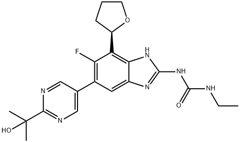 (R)-1-ethyl-3-(6-fluoro-5-(2-(2-hydroxypropan-2-yl)pyrimidin-5-yl)-7-(tetrahydrofuran-2-yl)-1H-benzo[d]imidazol-2-yl)urea Structure