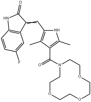 (Z)-3-((3,5-dimethyl-4-(1,4,7-trioxa-10-azacyclododecane-10-carbonyl)-1H-pyrrol-2-yl)methylene)-5-fluoroindolin-2-one Structure
