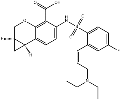 (1aR,7bS)-5-[2-((Z)-3-diethylaminoprop-1-enyl)-4-fluorobenzenesulfonylamino]- 1,1a,2,7b-tetrahydrocyclopropa[c]chromene-4-carboxylic acid Struktur