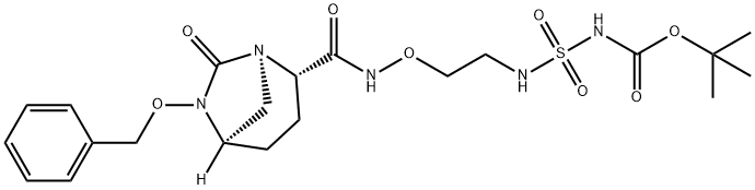 tert-butyl (N-(2-(((2S,5R)-6-(benzyloxy)-7-oxo-1,6-diazabicyclo[3.2.1]octane-2-carboxamido)oxy)ethyl)sulfamoyl)carbamate Structure