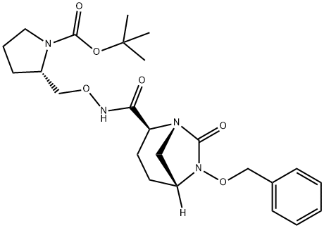tert-butyl (2S)-2-((((2S,5R)-6-(benzyloxy)-7-oxo-1,6-diazabicyclo[3.2.1]octane-2-carboxamido)oxy)methyl)pyrrolidine-1-carboxylate Struktur