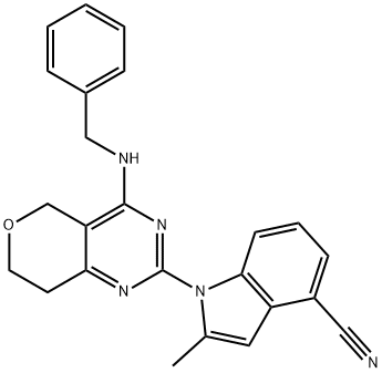 1-(4-(benzylamino)-7,8-dihydro-5H-pyrano[4,3-d]pyrimidin-2-yl)-2-methyl-1H-indole-4-carbonitrile