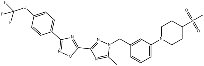 4-メタンスルホニル-1-{3-[(5-メチル-3-{3-[4-(トリフルオロメトキシ)フェニル]-1,2,4-オキサジアゾール-5-イル}-1,2,4-トリアゾール-1-イル)メチル]フェニル}ピペリジン 化学構造式