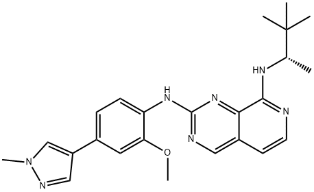 N-[2-メトキシ-4-(1-メチル-1H-ピラゾール-4-イル)フェニル]-N′-[(S)-1,2,2-トリメチルプロピル]ピリド[3,4-d]ピリミジン-2,8-ジアミン 化学構造式