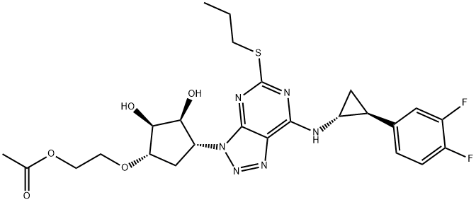 2-(((1S,2S,3S,4R)-4-(7-(((1R,2S)-2-(3,4-difluorophenyl)cyclopropyl)amino)-5-(propylthio)-3H-[1,2,3]triazolo[4,5-d]pyrimidin-3-yl)-2,3-dihydroxycyclopentyl)oxy)ethyl acetate Struktur