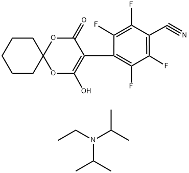 N-Ethyl-N-isopropylpropan-2-aminium 3-(4-Cyano-2,3,5,6-tetrafluorophenyl)-4-oxo-1,5-dioxaspiro[5.5]-undec-2-en-2-olate Structure
