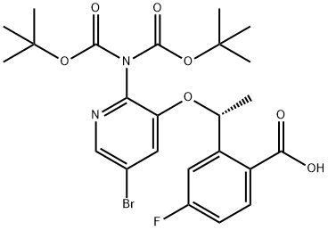 (R)-2-(1-(2-(bis(tert-butoxycarbonyl)amino)-5-bromopyridin-3-yloxy)ethyl)-4-fluorobenzoicacid Structure
