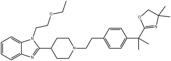2-(2-(4-(2-(4-(1-(2-ethoxyethyl)-1H-benzo[d]imidazol-2-yl)piperidin-1-yl)ethyl)phenyl)propan-2-yl)-4,4-dimethyl-4,5-dihydrooxazole 化学構造式