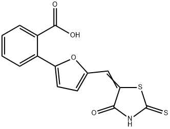 (E)-2-(5-((4-oxo-2-thioxothiazolidin-5-ylidene)methyl)furan-2-yl)benzoic acid Struktur