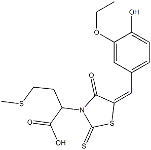 2-[(5E)-5-(3-ethoxy-4-hydroxybenzylidene)-4-oxo-2-thioxo-1,3-thiazolidin-3-yl]-4-(methylsulfanyl)butanoic acid Struktur