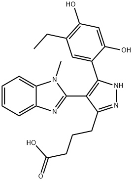 4-[3-(5-ethyl-2,4-dihydroxyphenyl)-4-(1-methyl-1H-benzimidazol-2-yl)-1H-pyrazol-5-yl]butanoic acid Struktur