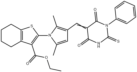 ethyl 2-{3-[(E)-(4,6-dioxo-1-phenyl-2-thioxotetrahydropyrimidin-5(2H)-ylidene)methyl]-2,5-dimethyl-1H-pyrrol-1-yl}-4,5,6,7-tetrahydro-1-benzothiophene-3-carboxylate Struktur