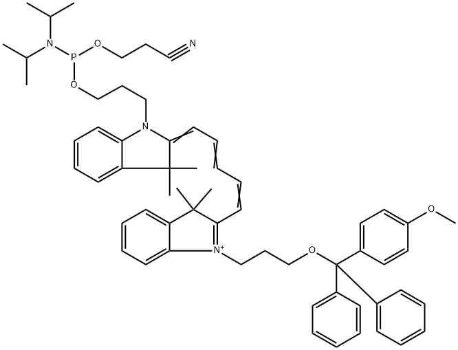 2-[5-[1,3-Dihydro-1-[3-(4-methoxytriphenylmethoxy)propyl]-3,3-dimethyl-2H-indol-2-ylidene]-1,3-pentadien-1-yl]-1-[3-[N,N-diisopropylamino(2-cyanoethoxy)phosphinoxy]propyl]-3,3-dimethyl-3H-indolium Structure