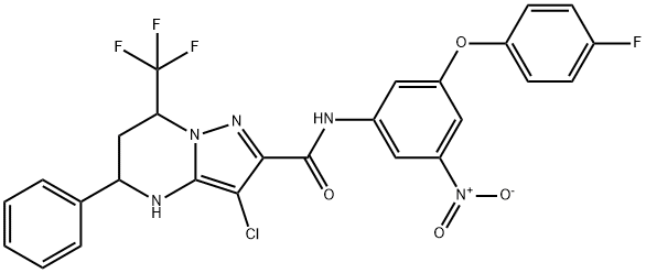 3-chloro-N-(3-(4-fluorophenoxy)-5-nitrophenyl)-5-phenyl-7-(trifluoromethyl)-4,5,6,7-tetrahydropyrazolo[1,5-a]pyrimidine-2-carboxamide Structure