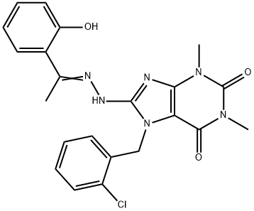 (E)-7-(2-chlorobenzyl)-8-(2-(1-(2-hydroxyphenyl)ethylidene)hydrazinyl)-1,3-dimethyl-1H-purine-2,6(3H,7H)-dione Struktur