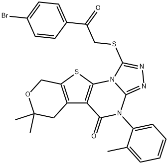 1-((2-(4-bromophenyl)-2-oxoethyl)thio)-7,7-dimethyl-4-(o-tolyl)-6,7-dihydro-4H-pyrano[4',3':4,5]thieno[3,2-e][1,2,4]triazolo[4,3-a]pyrimidin-5(9H)-one Struktur